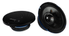 Two round black American Bass Godfather 6.5 Carbon Cone Midrange Speakers (200 Watts/pair), one with a mesh cover, one exposed to show the carbon fiber cone and blue accents, both on metallic bases against a white background.