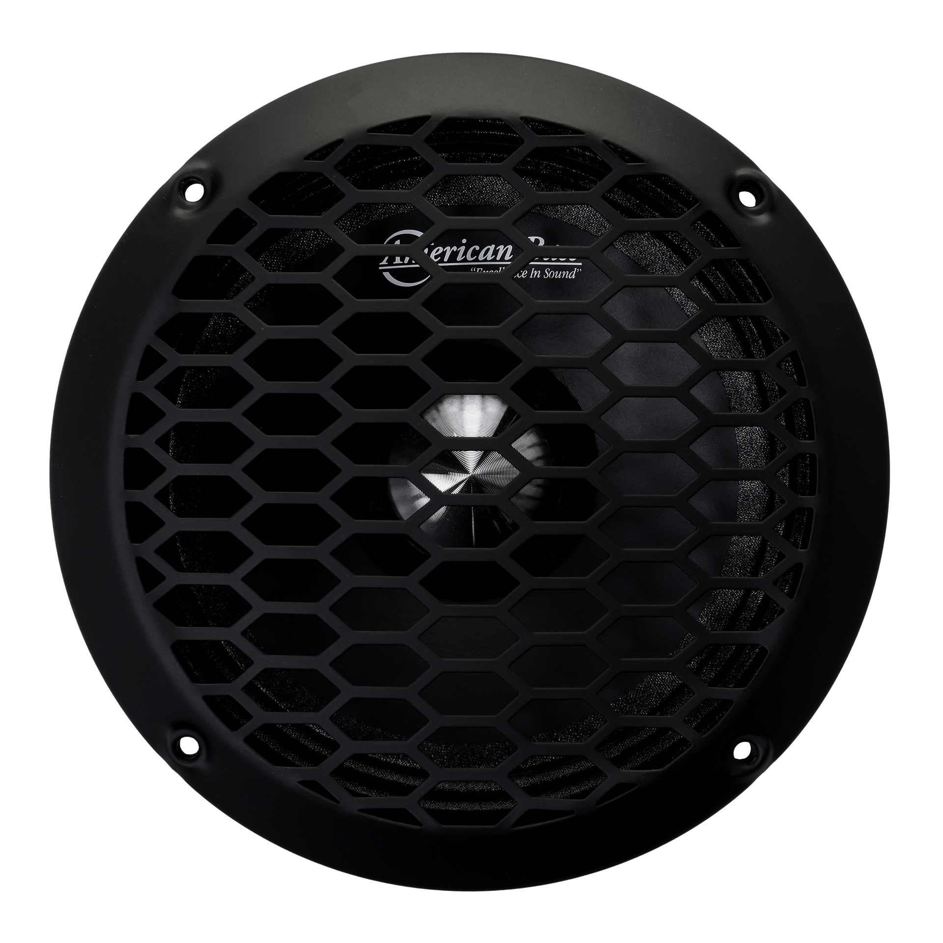 The American Bass Godfather 6.5″ Midrange Speaker (300 Watts) is a round black speaker with a hexagonal mesh grille and four mounting holes; the brand name is partially visible at the top—perfect for car audio enthusiasts.