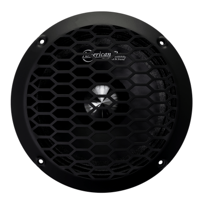 The American Bass Godfather 6.5″ Midrange Speaker (300 Watts) is a round black speaker with a hexagonal mesh grille and four mounting holes; the brand name is partially visible at the top—perfect for car audio enthusiasts.