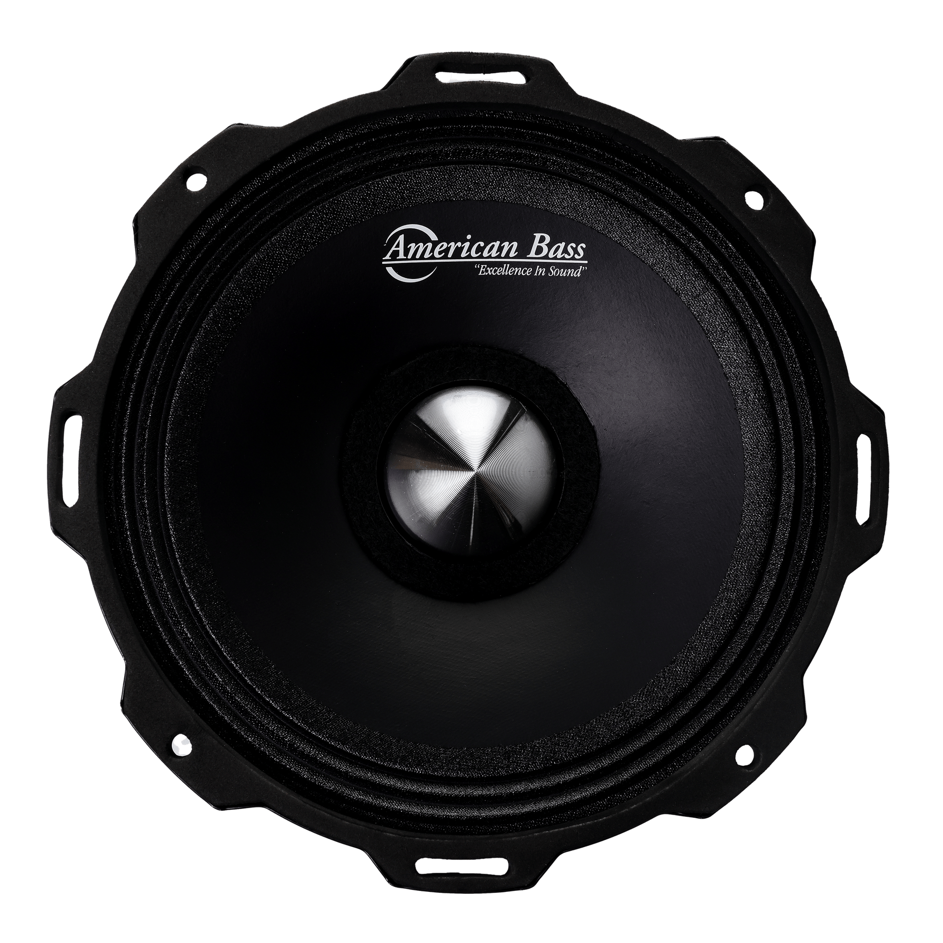 The American Bass Godfather 6.5″ Midrange Speaker (300 Watts), a black circular speaker with a metallic center and logo, is ideal for car audio and shown against a white background.
