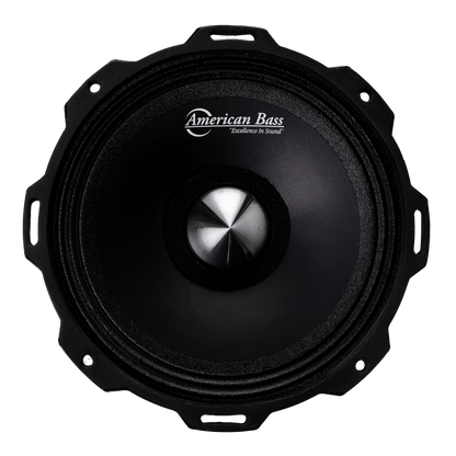 The American Bass Godfather 6.5″ Midrange Speaker (300 Watts), a black circular speaker with a metallic center and logo, is ideal for car audio and shown against a white background.