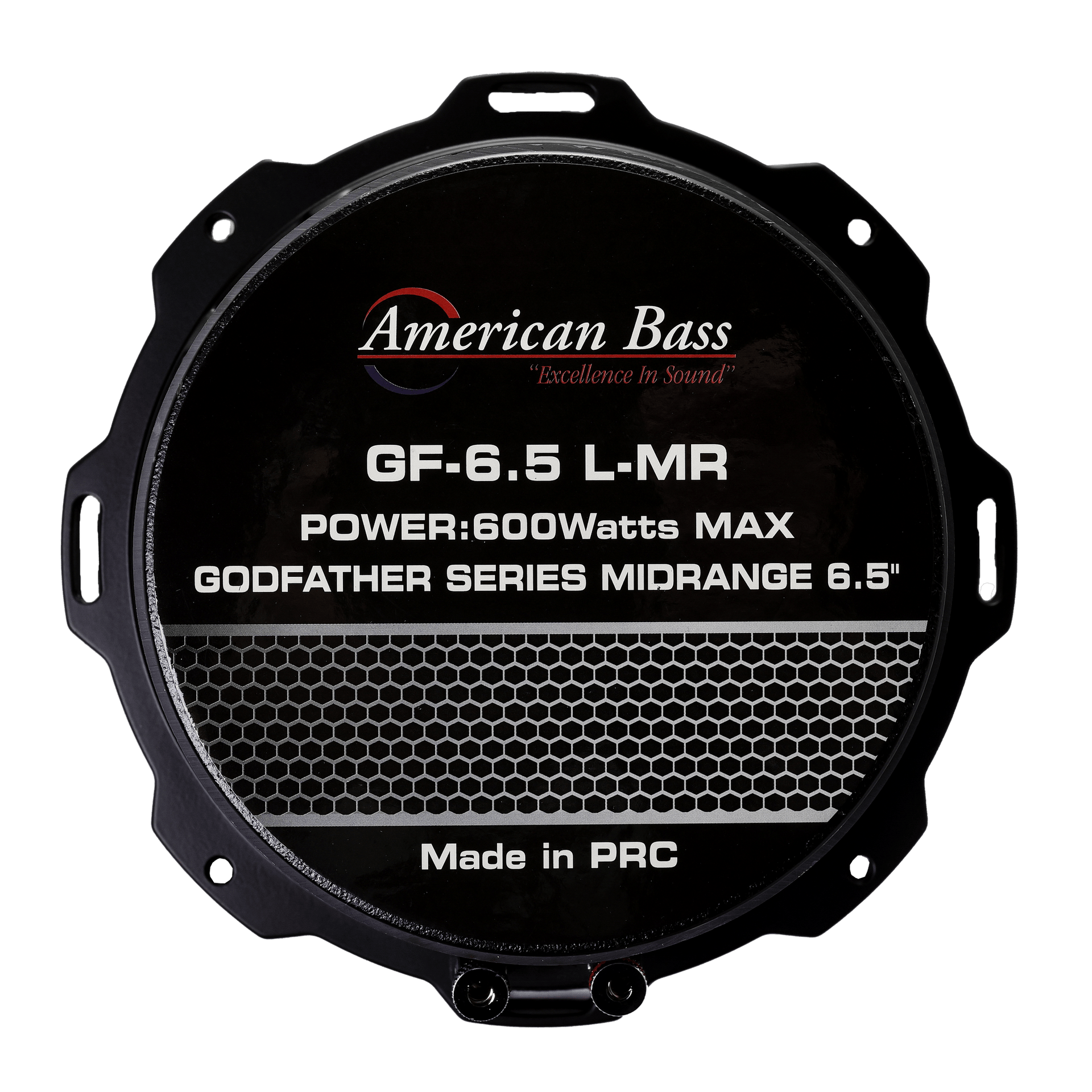 Round black American Bass Godfather 6.5″ Midrange Speaker cover, labeled GF-6.5 L-MR, 300W Max for car audio, features a red and blue logo with a hexagon pattern at the bottom. Made in PRC.