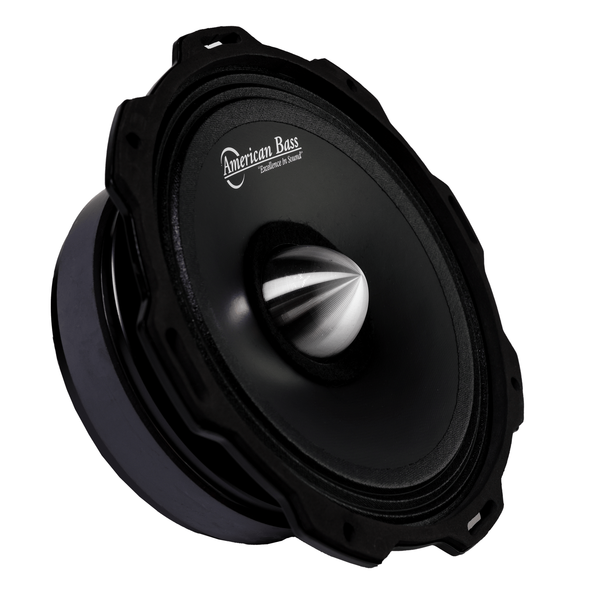 The American Bass Godfather 6.5″ Midrange Speaker (300 Watts) features a black design with a metallic center cone, seen at an angle on a white background—ideal for premium car audio systems.
