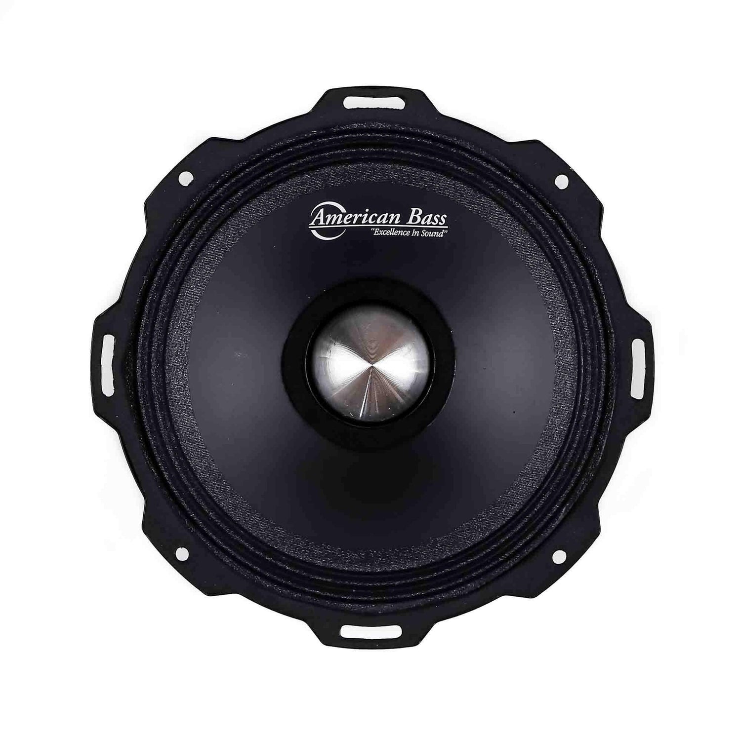 A top view of the American Bass Godfather 6.5″ Midrange Speaker (300 Watts) shows its black body, silver center, brand logo, and circular car audio design with mounting holes on the edges.