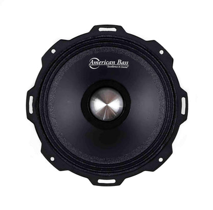 A top view of the American Bass Godfather 6.5″ Midrange Speaker (300 Watts) shows its black body, silver center, brand logo, and circular car audio design with mounting holes on the edges.