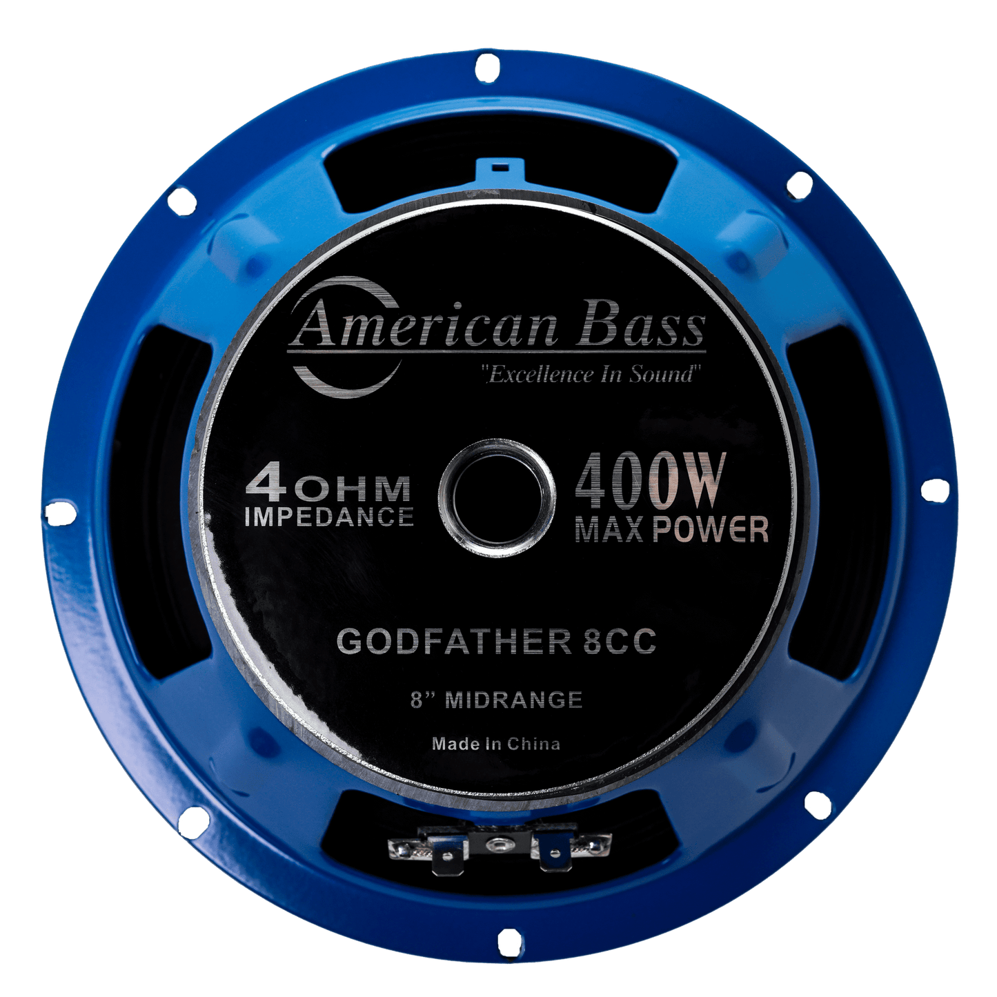 An American Bass Godfather 8" Carbon Cone Midrange Speaker, 4 ohm, 200W max, features "Excellence in Sound" and is made in China.