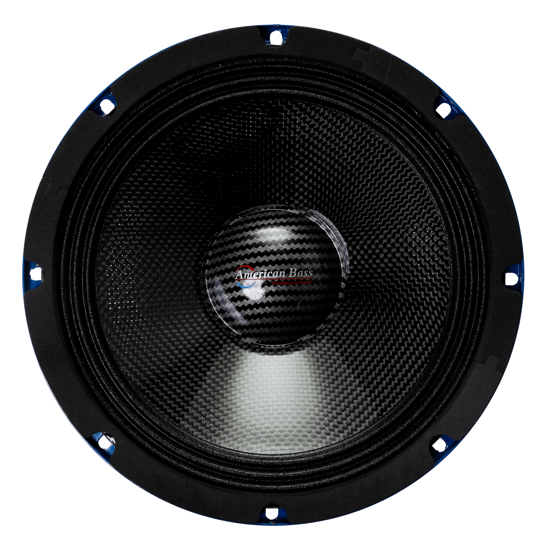 A close-up of the American Bass Godfather 8" Carbon Cone Midrange Speaker (200 Watts), featuring a carbon fiber texture, blue-accented mounting holes, and “American Bass” in red and white at the center.
