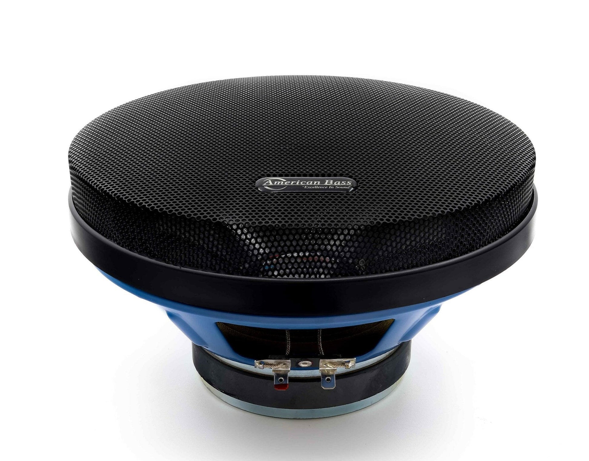 The American Bass Godfather 8" Carbon Cone Midrange Speaker (200 Watts) in black and blue features a carbon fiber design, metal mesh grille, and connector terminals, displayed against a white background.
