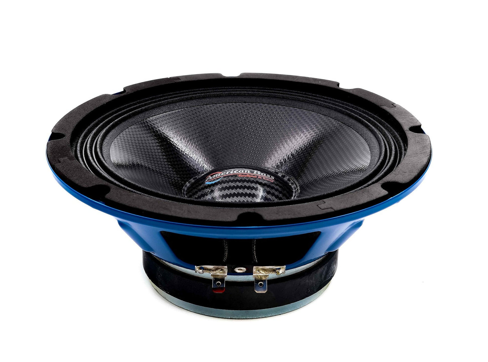 A large blue and black American Bass Godfather 8" Carbon Cone Midrange Speaker (200 Watts) with a carbon fiber cone, metal frame, and exposed wiring terminals, shown against a white background.