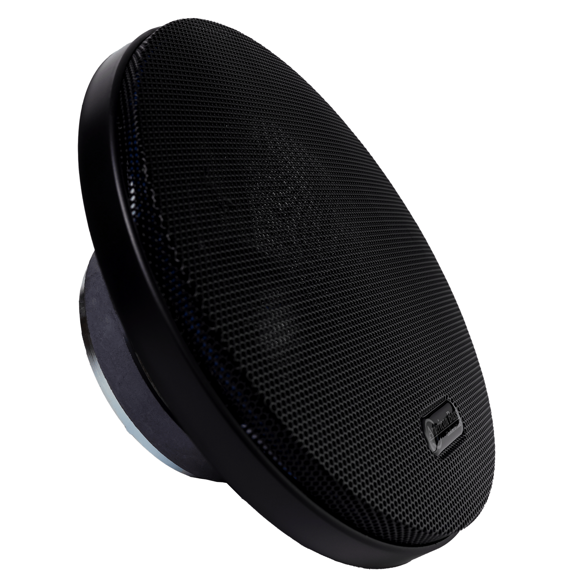 A close-up of the American Bass Godfather 8" Carbon Cone Midrange Speaker (200W) with a mesh grille, angled upward. The brand logo appears on the lower right of the grille against a plain white background.