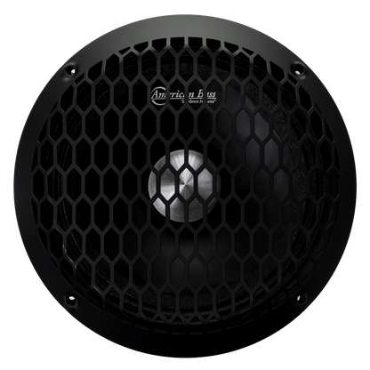 The American Bass Godfather 8″ Midrange Speaker (400 Watts) features a black round design, hexagonal mesh grille, and four mounting screws. The grille displays the American Bass logo—perfect for car audio speaker enthusiasts.
