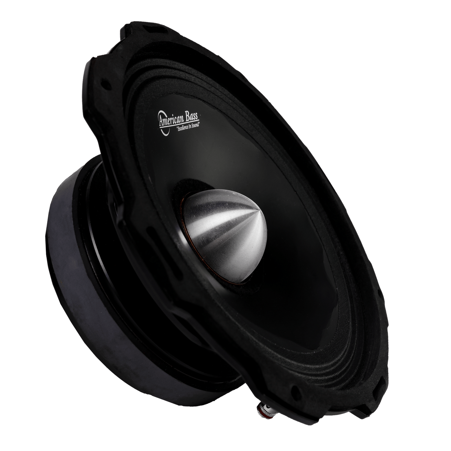 The American Bass Godfather 8″ Midrange Speaker (400 Watts) features a black body, silver cone, and visible branding on the inner rim—ideal for car audio enthusiasts, shown against a white background.