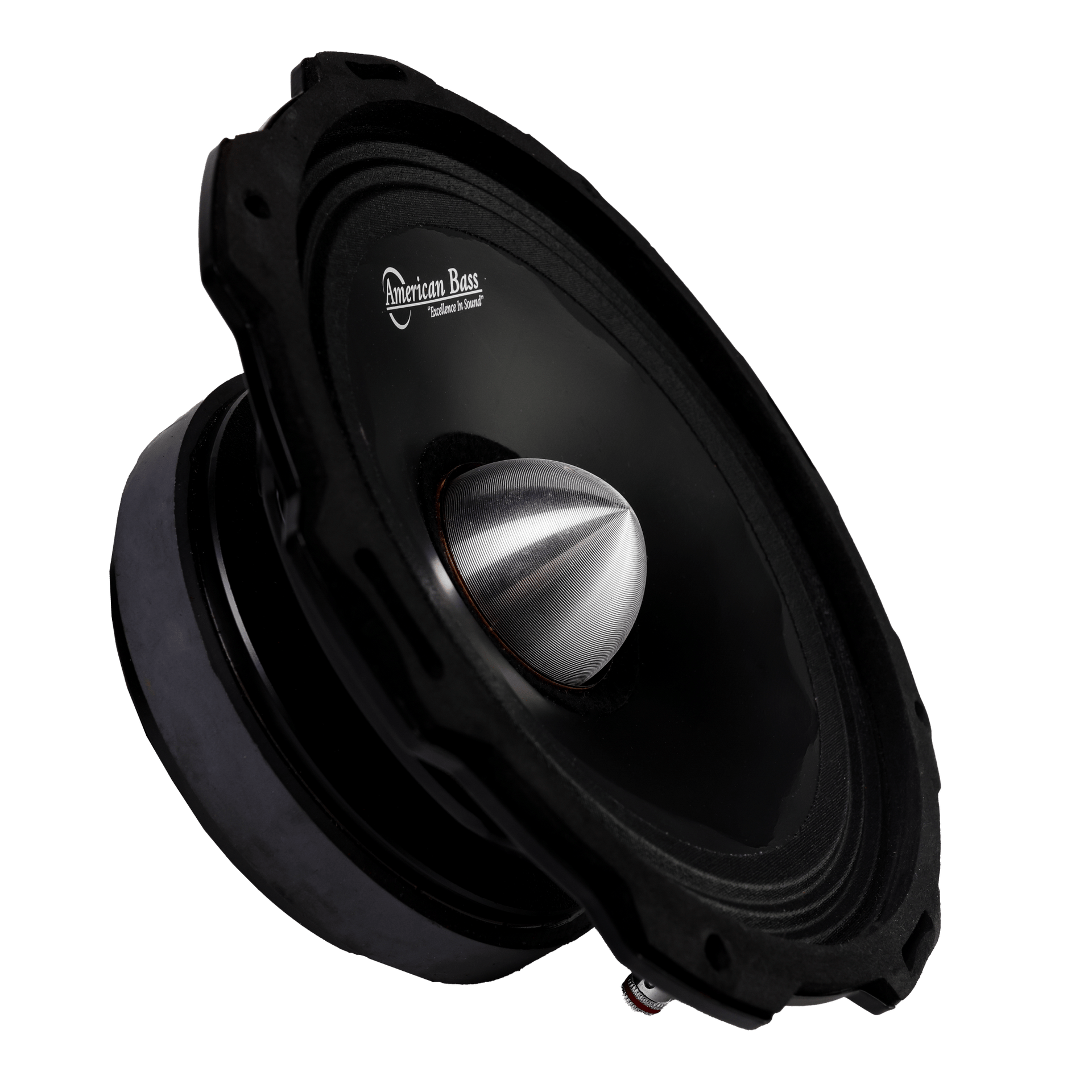 The American Bass Godfather 8″ Midrange Speaker (400 Watts) features a black body, silver cone, and visible branding on the inner rim—ideal for car audio enthusiasts, shown against a white background.