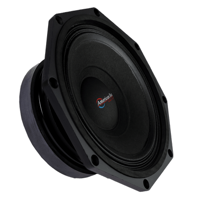 The American Bass Godfather Pro Cast 8" Midbass Speaker (250 Watts) is a black, hexagonal driver with a visible cone and mounting holes, shown angled on white. Its center displays the "American" logo in red and blue—ideal for car audio midbass.