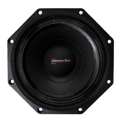 Close-up of the American Bass Godfather Pro Cast 8" Midbass Speaker (250 Watts) with center branding, shown front-facing on a white background—perfect for car audio enthusiasts.