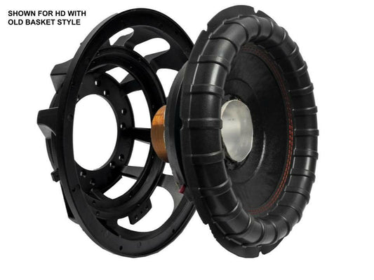 A close-up of a disassembled speaker with separated basket and cone; text reads "HD 15" Subwoofer Recone Kit (Version 2) by American Bass—perfect for subwoofer repair and upgrades with old basket style.