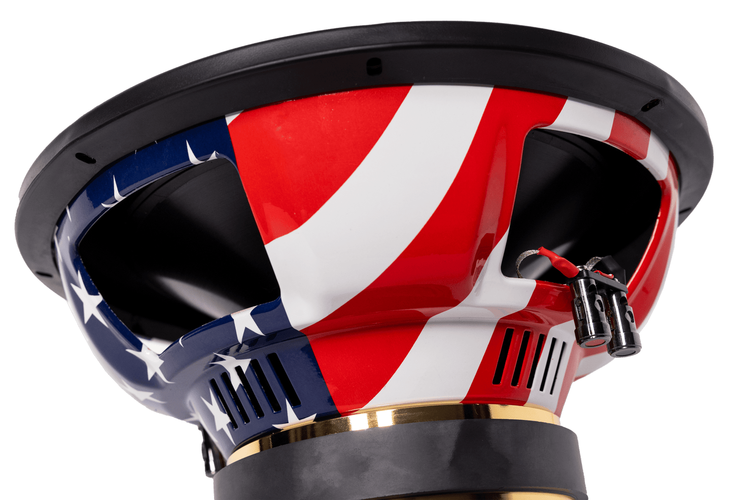 Close-up of the American Bass Patriot Series Limited 250 Edition Subwoofer featuring a glossy American flag design with red and white stripes and white stars on blue, set against a white background.