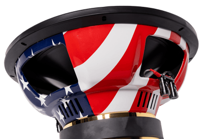 Close-up of the American Bass Patriot Series Limited 250 Edition Subwoofer featuring a glossy American flag design with red and white stripes and white stars on blue, set against a white background.