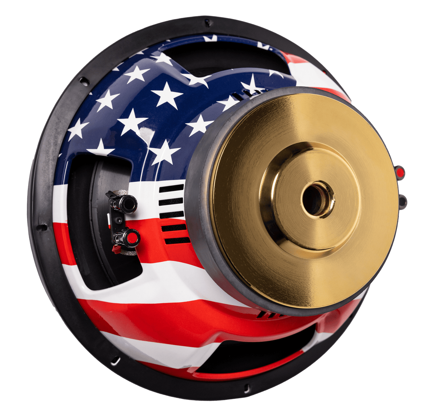 A close-up of the American Bass Patriot Series Limited 250 Edition Subwoofer features a shiny gold center and an outer casing with the American flag’s stars and stripes, set against a plain white background.