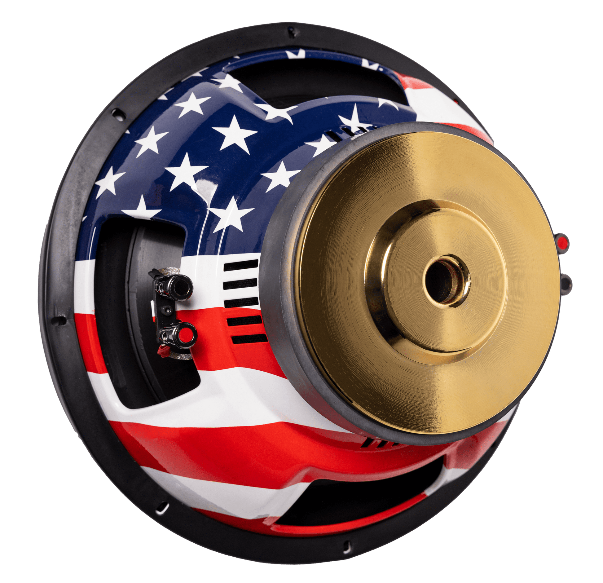 A close-up of the American Bass Patriot Series Limited 250 Edition Subwoofer features a shiny gold center and an outer casing with the American flag’s stars and stripes, set against a plain white background.