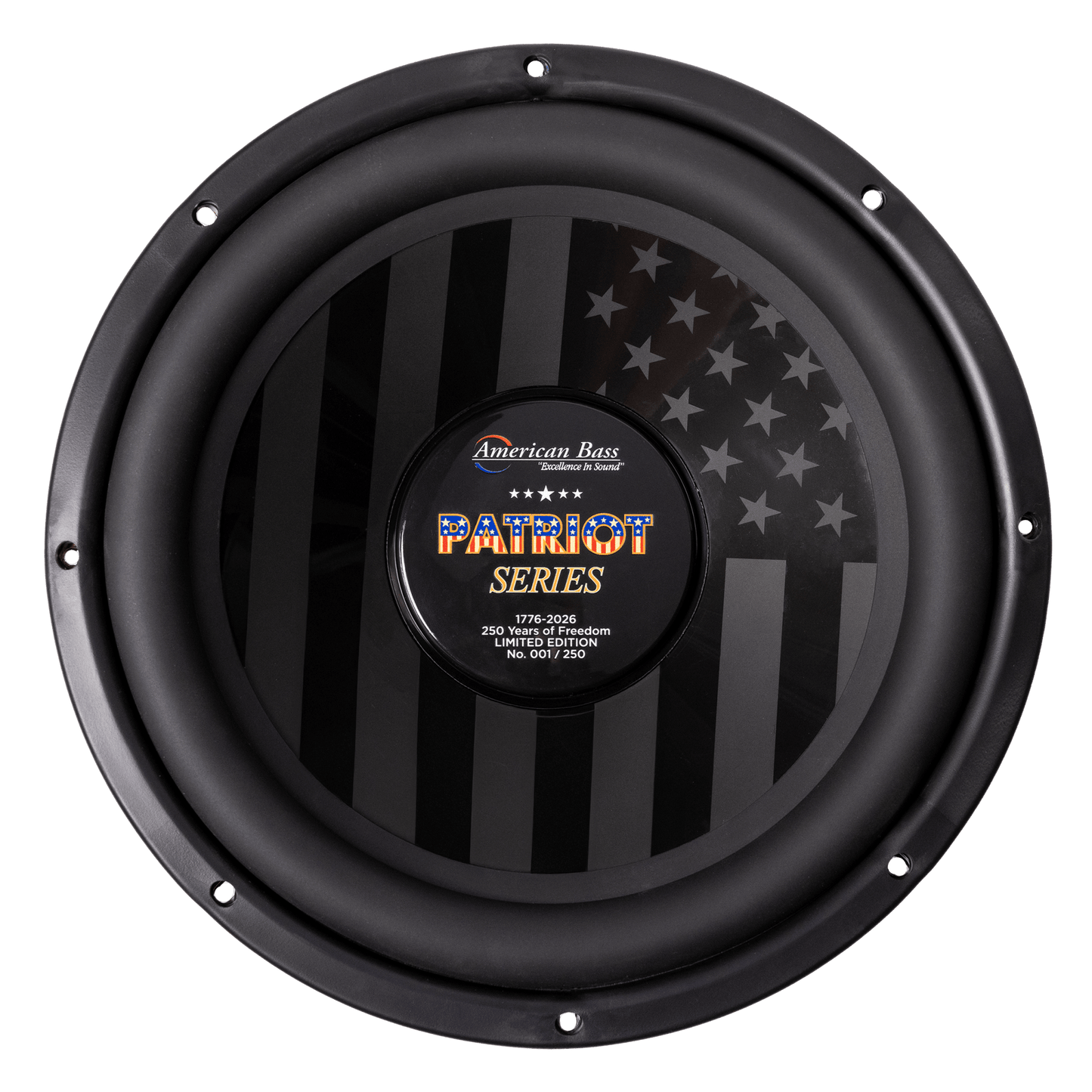 The Patriot Series Limited 250 Edition Subwoofer by American Bass is a round black subwoofer with an American flag design and center label reading "Patriot Series, 250 Limited Edition, No. 0017/250.