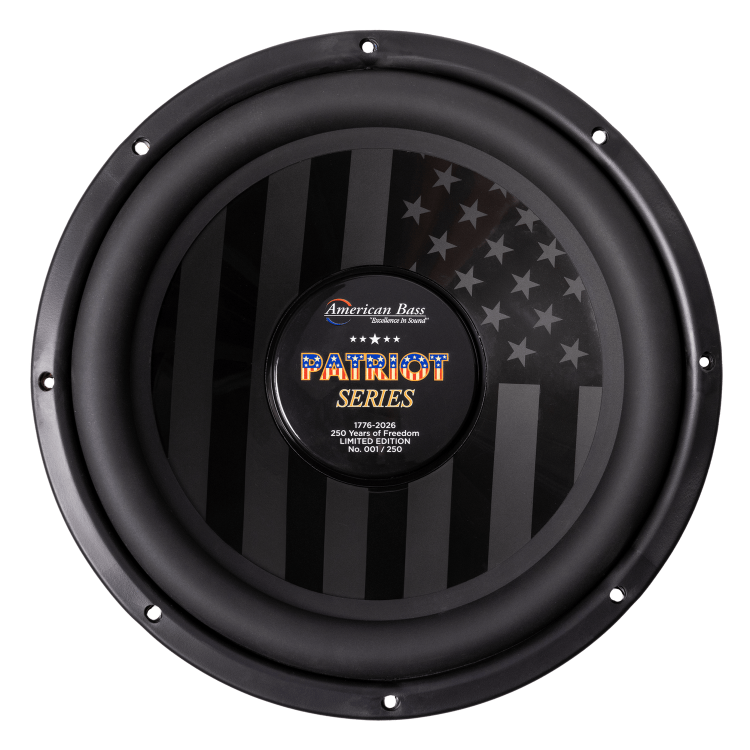The Patriot Series Limited 250 Edition Subwoofer by American Bass is a round black subwoofer with an American flag design and center label reading "Patriot Series, 250 Limited Edition, No. 0017/250.
