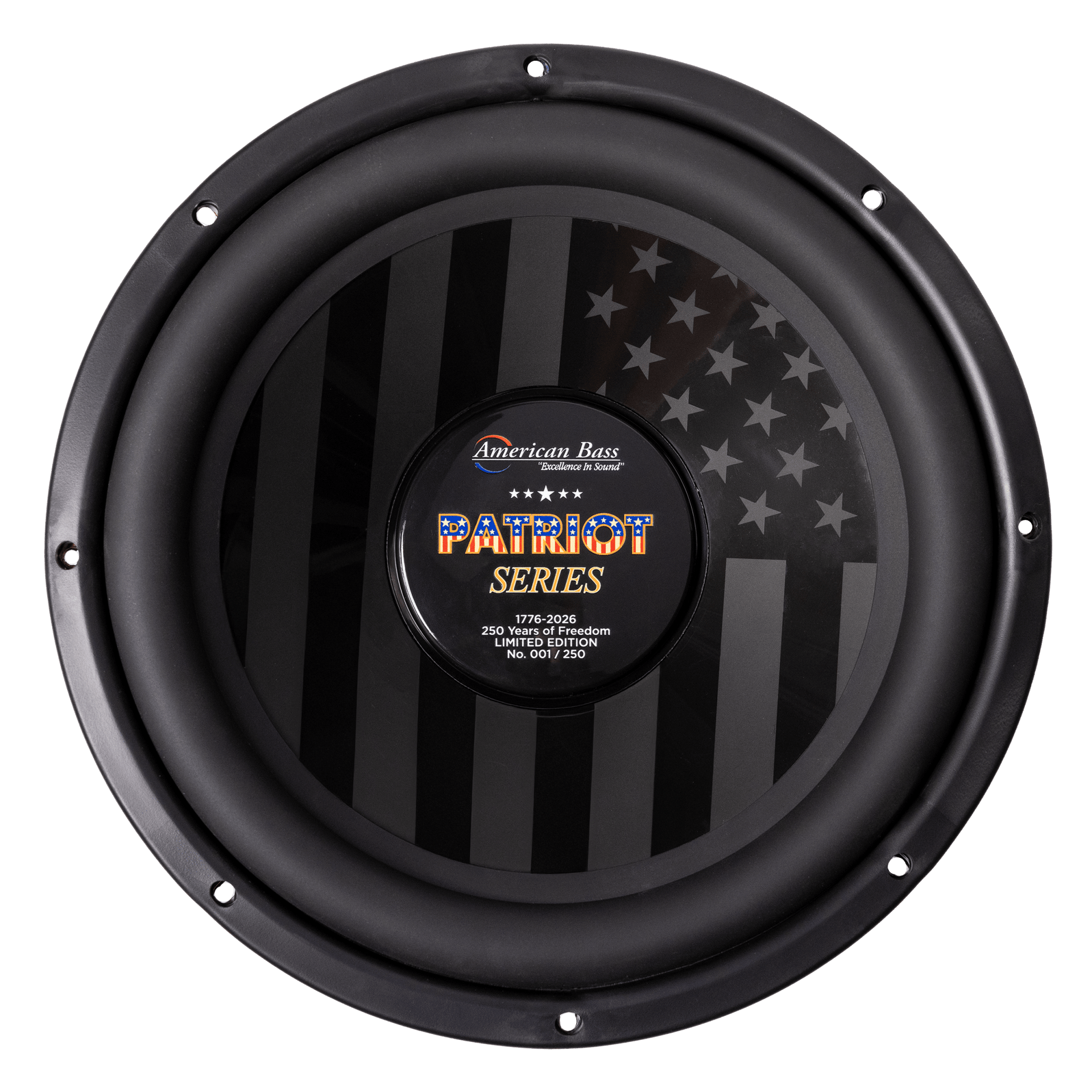 The Patriot Series Limited 250 Edition Subwoofer by American Bass is a round black subwoofer with an American flag design and center label reading "Patriot Series, 250 Limited Edition, No. 0017/250.