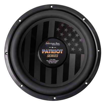 The Patriot Series Limited 250 Edition Subwoofer by American Bass is a round black subwoofer with an American flag design and center label reading "Patriot Series, 250 Limited Edition, No. 0017/250.