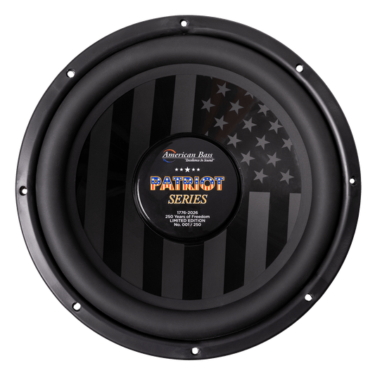 The Patriot Series Limited 250 Edition Subwoofer by American Bass is a round black subwoofer with an American flag design and center label reading "Patriot Series, 250 Limited Edition, No. 0017/250.
