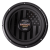 The Patriot Series Limited 250 Edition Subwoofer by American Bass is a round black subwoofer with an American flag design and center label reading "Patriot Series, 250 Limited Edition, No. 0017/250.