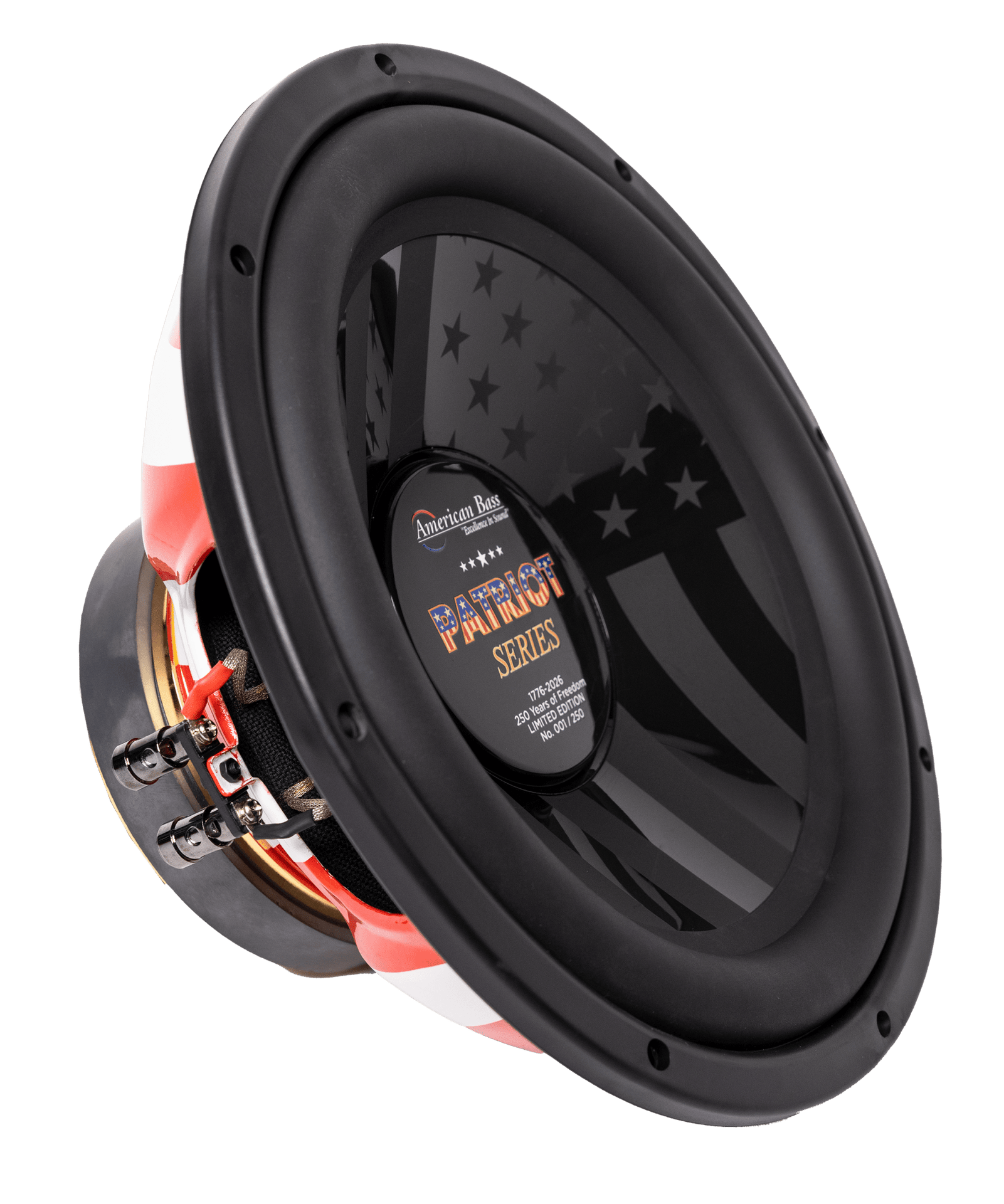 A close-up of the American Bass Patriot Series Limited 250 Edition Subwoofer shows its black cone with a subtle American flag design, product label at the center, and frame accents in red, white, and blue.
