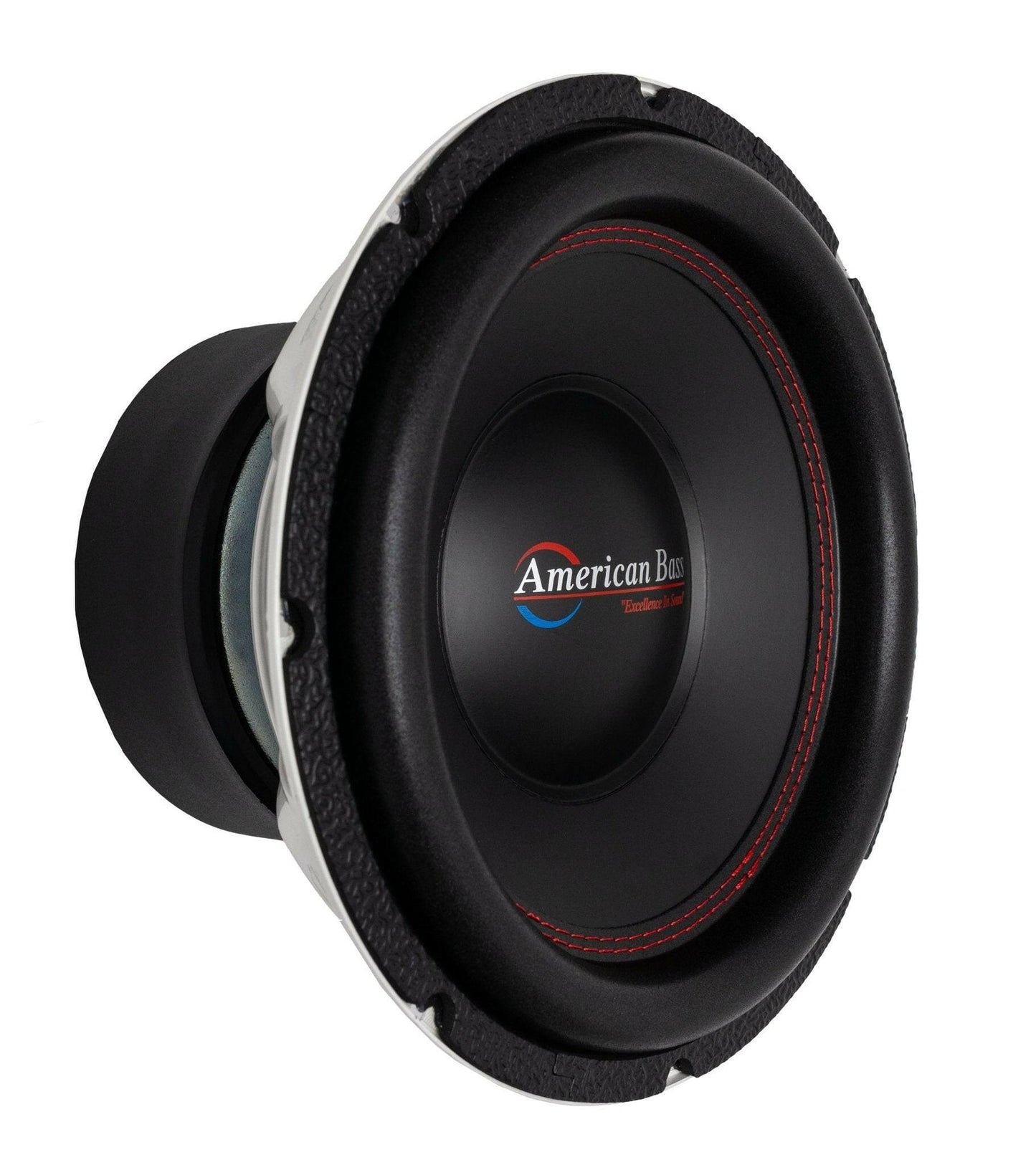 The American Bass TITAN 12″ Car Subwoofer | Dual Voice Coil 4 Ohm features a thick rubber surround and bold American Bass logo at its center, highlighted by striking red stitching around the cone on a white background. This powerful car audio subwoofer delivers up to 800 watts RMS for impressive performance.