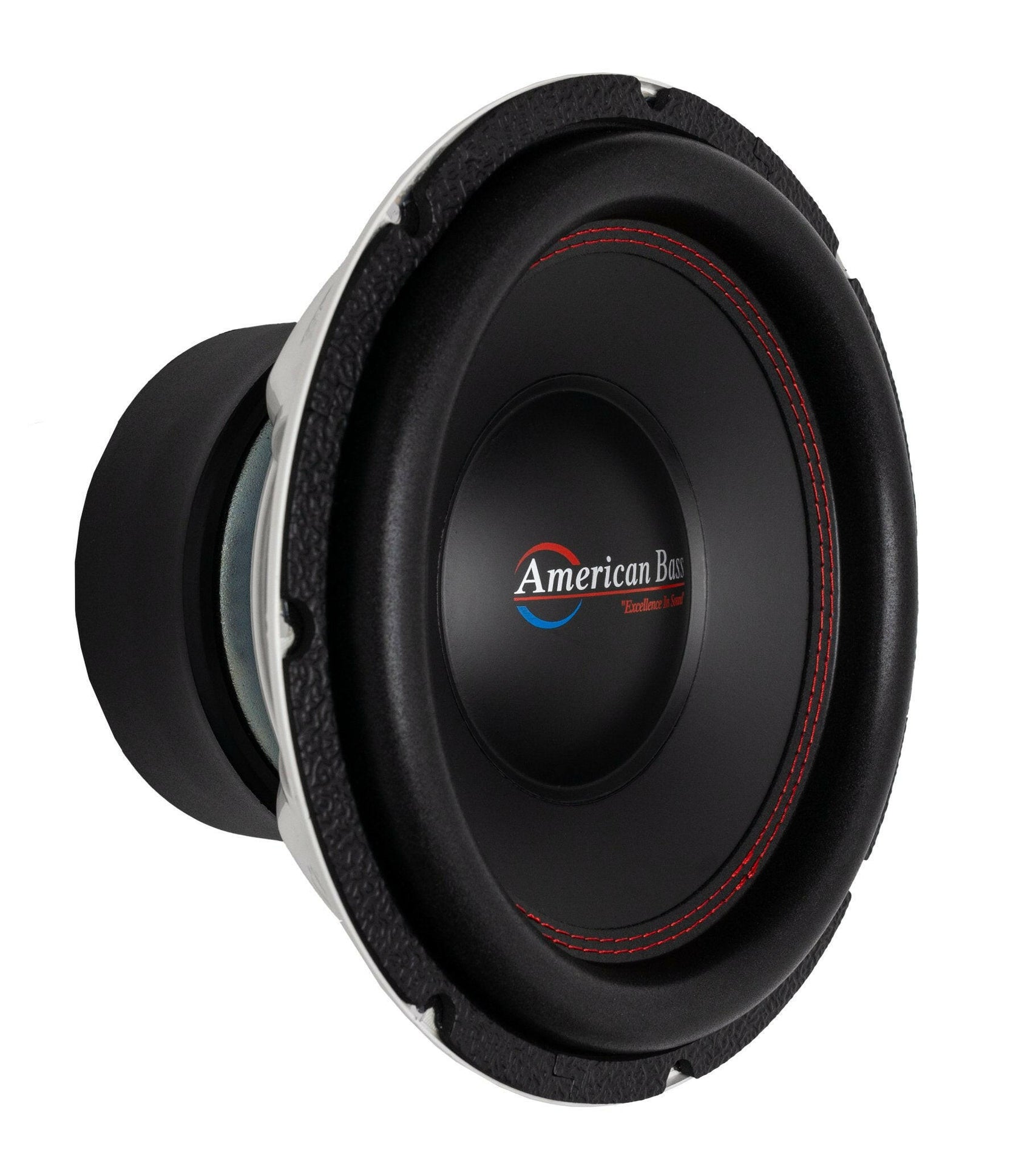 The American Bass TITAN 12″ Car Subwoofer | Dual Voice Coil 4 Ohm features a thick rubber surround and bold American Bass logo at its center, highlighted by striking red stitching around the cone on a white background. This powerful car audio subwoofer delivers up to 800 watts RMS for impressive performance.
