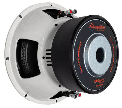 Here is a rewritten version of your sentence using the provided product data: A close-up view of the American Bass TITAN 12″ Car Subwoofer with dual 4-ohm voice coils, displaying the back and side. Labels indicate a maximum power of 1600 watts (800 watts RMS). This subwoofer features a white design accented with black and red details.