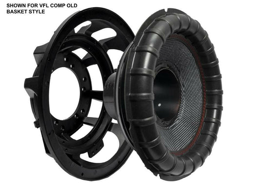 Two black speaker baskets are side by side, one forward and one angled. Text reads "SHOWN FOR VFL COMP OLD BASKET STYLE." Ideal for use with the American Bass VFL Comp 12" Subwoofer Recone Kit (Version 2).