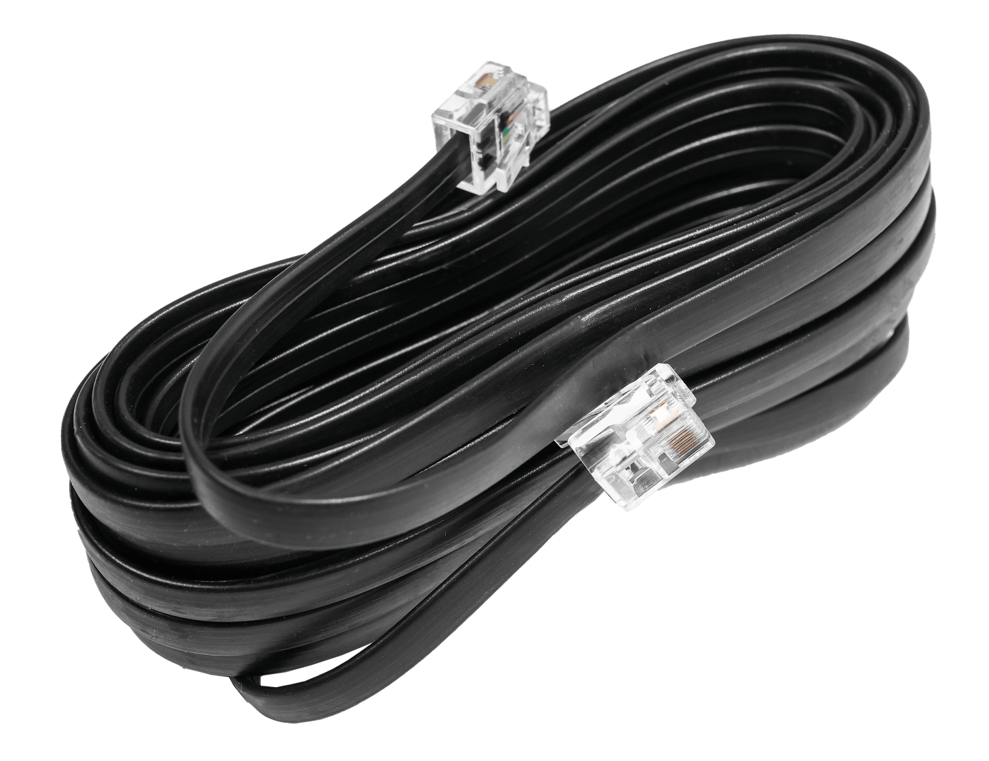 A coiled black phone line cable with clear RJ11 connectors, perfect for setting up your VFL Hybrid 2850.1 Class D High Performance Digital Monoblock Amplifier—an essential accessory for any VFL car audio system.