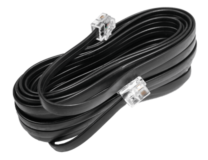A coiled black phone line cable with clear RJ11 connectors, perfect for setting up your VFL Hybrid 2850.1 Class D High Performance Digital Monoblock Amplifier—an essential accessory for any VFL car audio system.