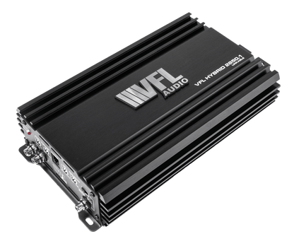 A black VFL Hybrid 2850.1 Class D High Performance Digital Monoblock Amplifier with cooling fins and connection ports on one end, ideal for upgrading your car audio system, shown on a white background.
