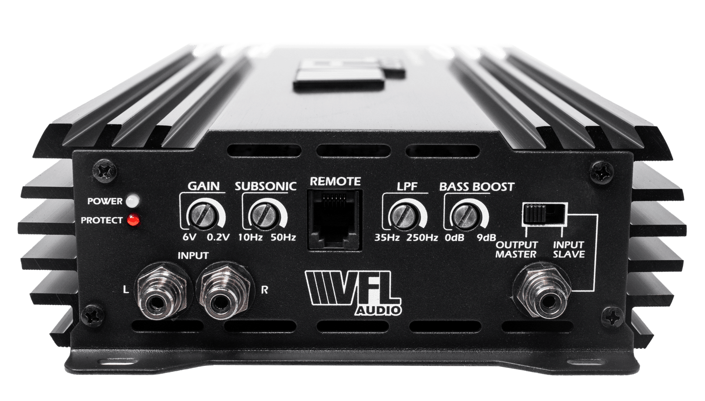 Front view of the VFL Hybrid 2850.1 Class D High Performance Digital Monoblock Amplifier, featuring control knobs, power/protect indicators, adjustable gain, subsonic filter, LPF, bass boost, remote control, and input/output jacks.