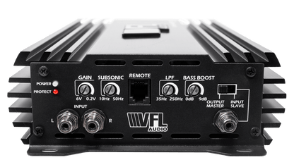 Front view of the VFL Hybrid 2850.1 Class D High Performance Digital Monoblock Amplifier, featuring control knobs, power/protect indicators, adjustable gain, subsonic filter, LPF, bass boost, remote control, and input/output jacks.