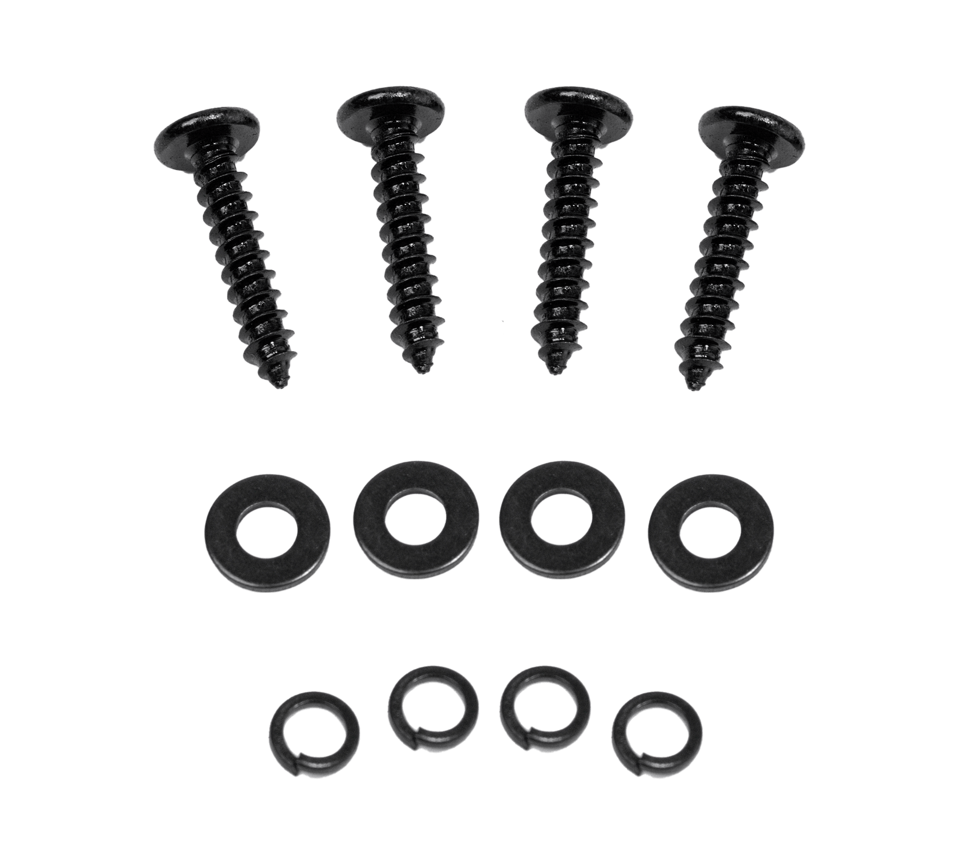 Four black screws, four flat washers, and four split lock washers—perfect for securely mounting your VFL Hybrid 2850.1 Amplifier Class D High Performance Digital Monoblock Amplifier—are neatly arranged on a white background.