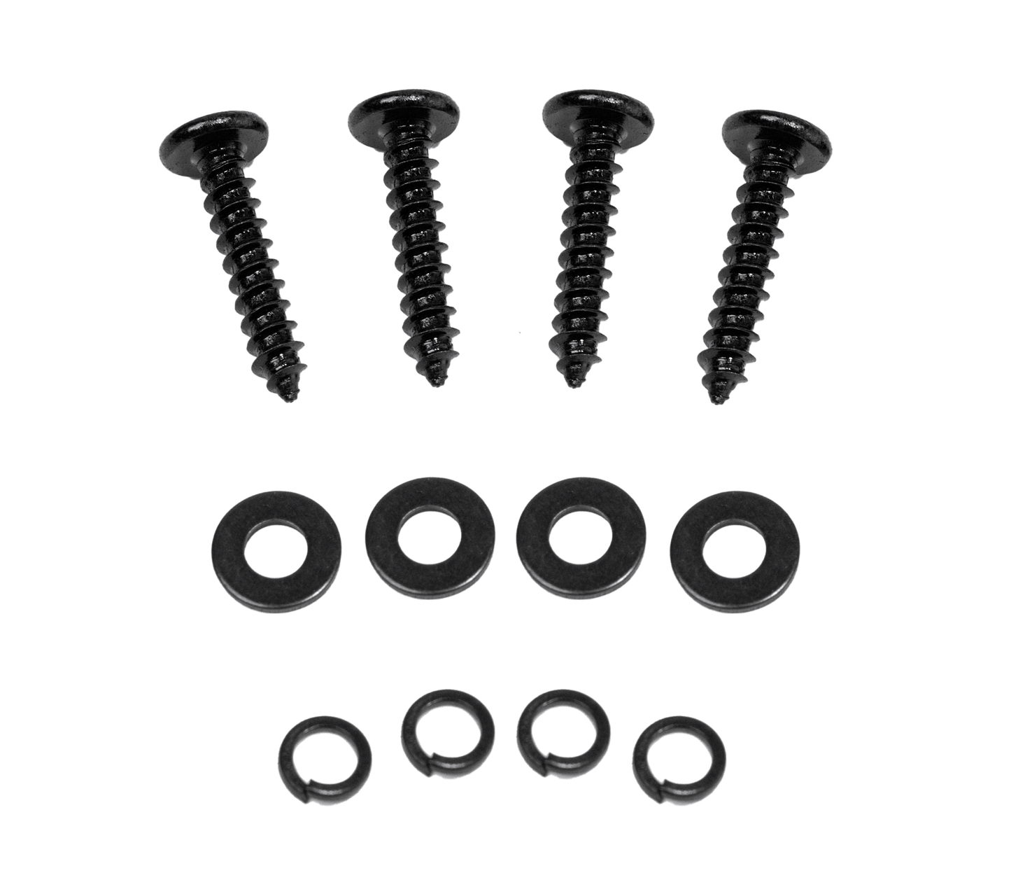 Four black screws, four flat washers, and four split lock washers—perfect for securely mounting your VFL Hybrid 2850.1 Amplifier Class D High Performance Digital Monoblock Amplifier—are neatly arranged on a white background.