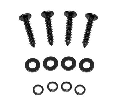 Four black screws, four flat washers, and four split lock washers—perfect for securely mounting your VFL Hybrid 2850.1 Amplifier Class D High Performance Digital Monoblock Amplifier—are neatly arranged on a white background.