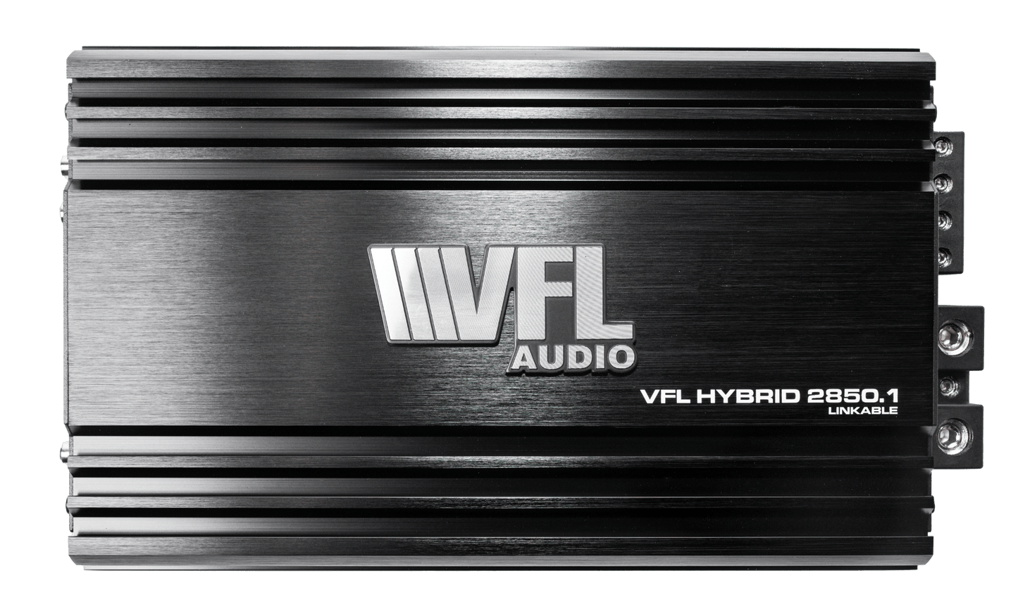 The VFL Hybrid 2850.1 Amplifier is a high performance black Class D digital monoblock car amplifier, featuring a silver logo, grooved edges, and right-side metal connectors—ideal for upgrading your car audio system.