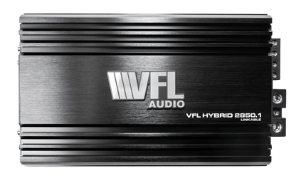 The VFL Hybrid 2850.1 Amplifier is a high performance black Class D digital monoblock car amplifier, featuring a silver logo, grooved edges, and right-side metal connectors—ideal for upgrading your car audio system.
