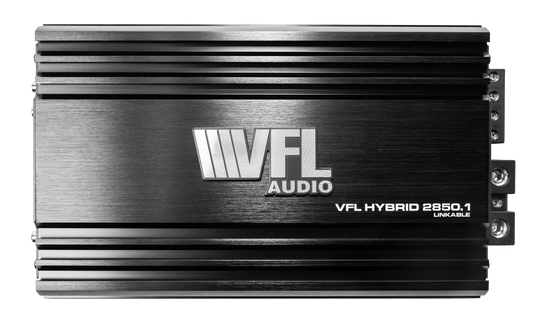 The VFL Hybrid 2850.1 Amplifier is a high performance black Class D digital monoblock car amplifier, featuring a silver logo, grooved edges, and right-side metal connectors—ideal for upgrading your car audio system.
