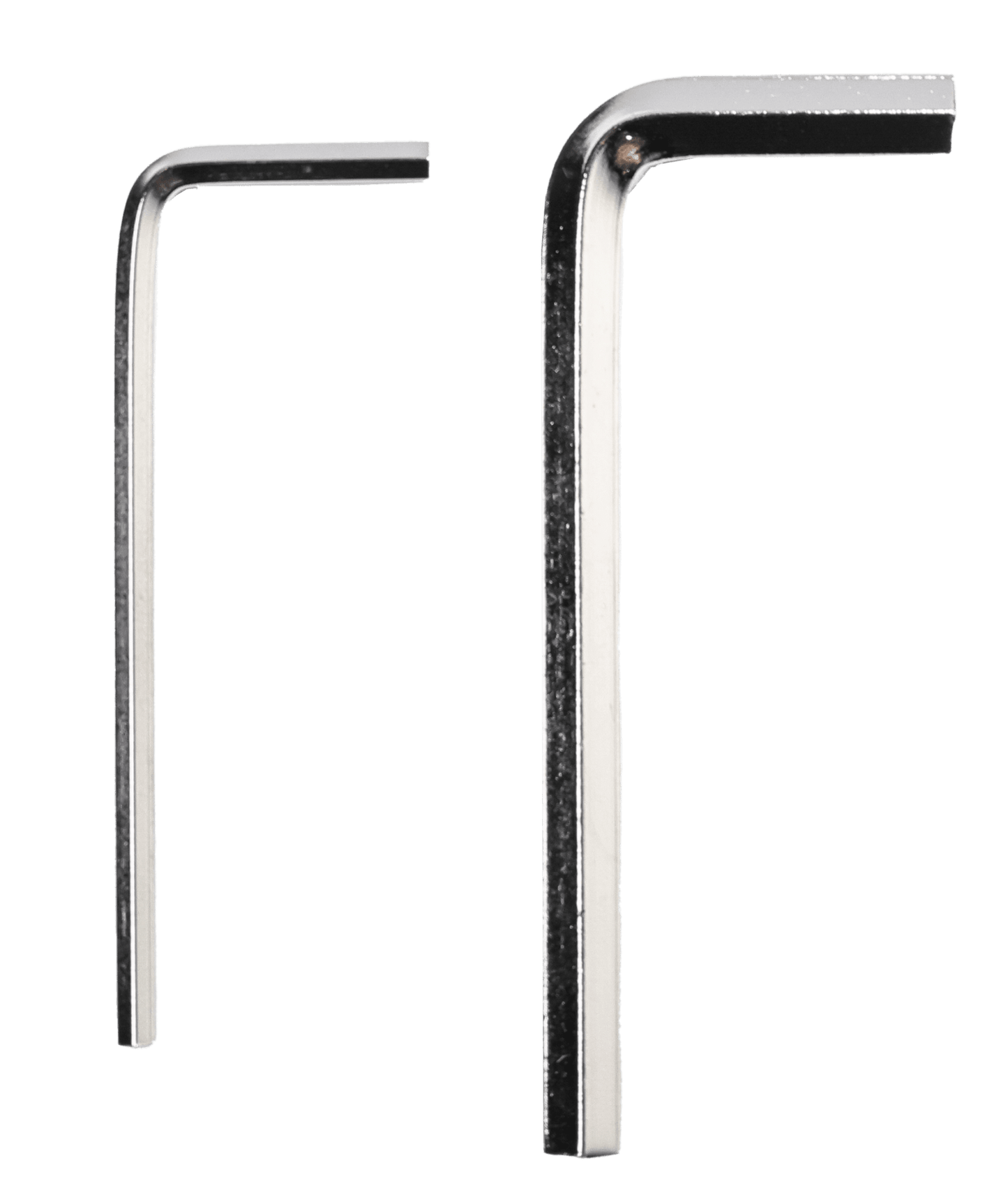 Two metallic L-shaped hex keys of different sizes stand upright on a light grey background—perfect tools for installing or upgrading your VFL Hybrid 2850.1 Class D High Performance Digital Monoblock Amplifier by VFL.