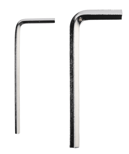 Two metallic L-shaped hex keys of different sizes stand upright on a light grey background—perfect tools for installing or upgrading your VFL Hybrid 2850.1 Class D High Performance Digital Monoblock Amplifier by VFL.