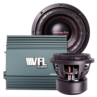 American Bass Audio’s Big Bass Bundle — featuring two XFL 10″ subwoofers and a VFL REBEL-5000.1 amplifier — showcases one subwoofer with its front grille and label, and the other with exposed rear wiring connections, making it the perfect package for powerful sound enthusiasts.